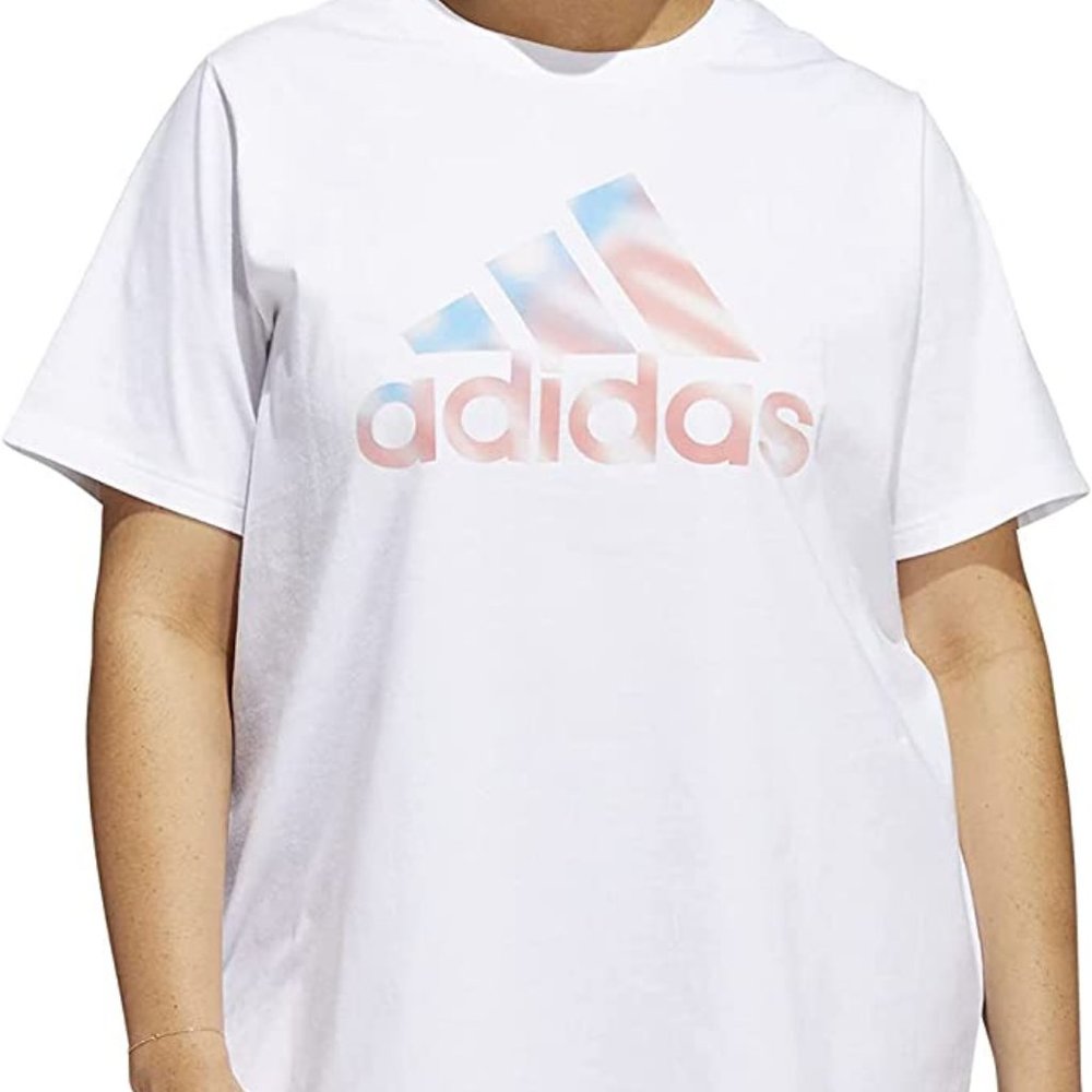 NWT Adidas Womens Badge of Sport Short Sleeve Tee Shirt Size 2X White Pink Top